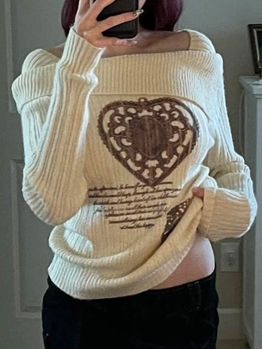 White Autumn Winter New Sweater Women Long Sleeve Y2k Retro Heart Print Top Off Shoulder Hotsweet Slim Pullovers