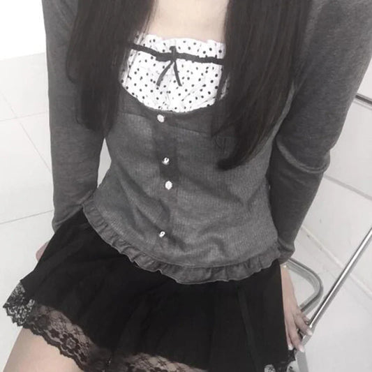 Voguable Y2K Polka Dot Print Contrast Patchwork Knitted Tops Grey Cute Bow T-shirts Slim-fit Long Sleeve Knitwear