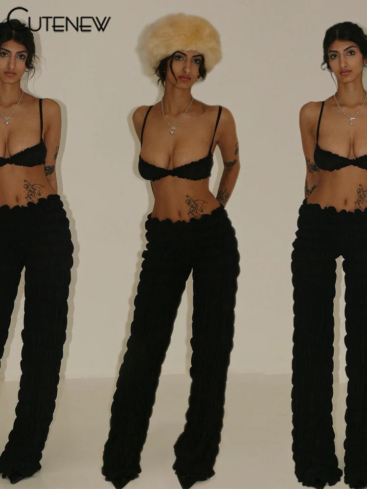 Shirring Trim Women 2 Piece Summer Unique Fashion Solid Crop Camisoles+Elastic Waist Pants Female Matching Sexy Clubwear