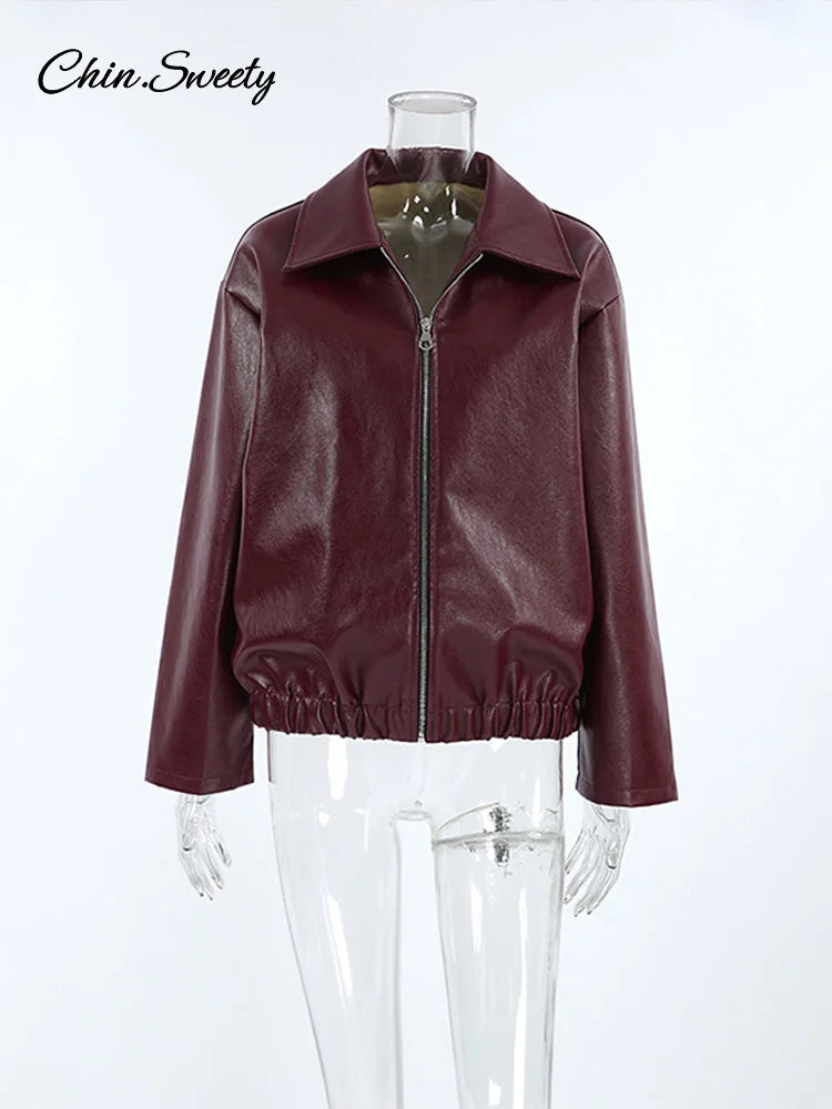 Fashion Lapel Leather Bomber Jacket Women Loose Zipper Long Sleeves Locomotive Coat Autumn New Lady High Street Outerwear