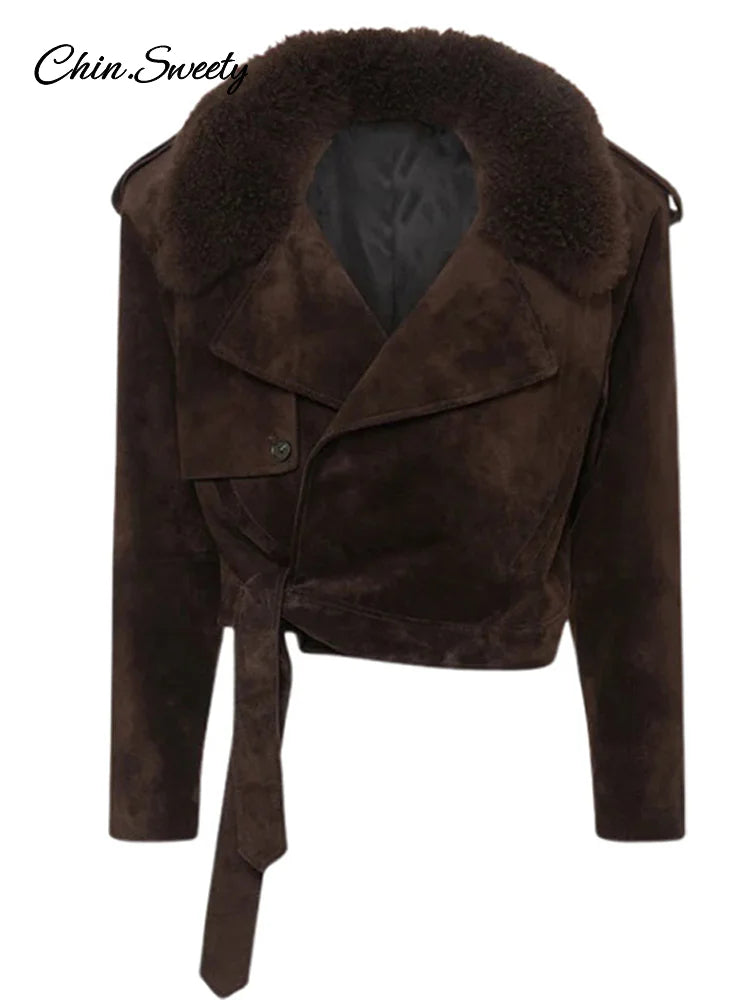 Vintage Cropped Suede Jacket Women Lapel Fur Collar Lace Up Long Sleeve Coat Female Winter Fashion Lady High Street Outwear