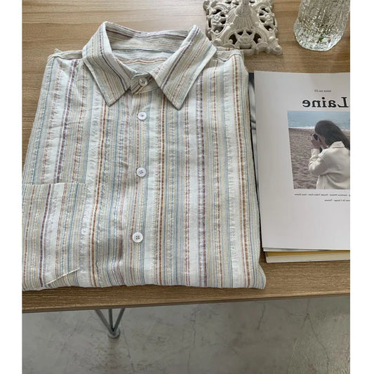 Y2k Lazy Casual Retro Pinstripe Shirt Comfortable Tops Stand Collar Loose Lazy Breathable Sunscreen Clothes