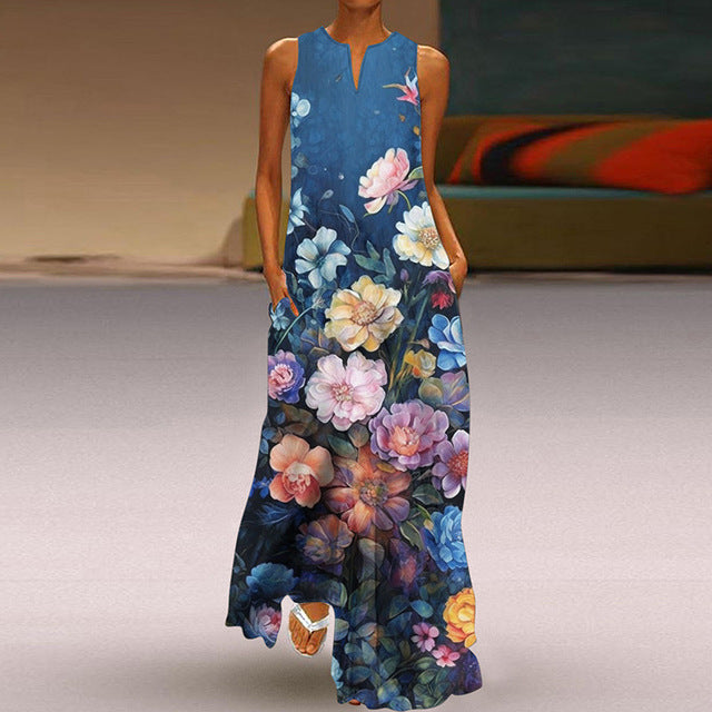 2025 Summer New Vintage Flower Printed Long Dresses Women Fashion V-neck Loose Sleeveless Dress Casual Commuting Vestidos Female