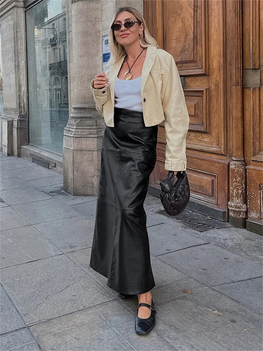 Black PU High Waist Long Skirt For Women Patchwork Casual Commute Slim Autumn Plaid Skirt Fashion Female Maxi Skirt