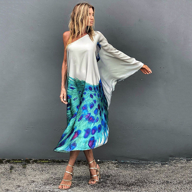 Color Butterfly Print One Shoulder Sleeve Dresses Women Sexy Off Shoulder Loose Beach Vacation Irregular Long Dress Streetwear