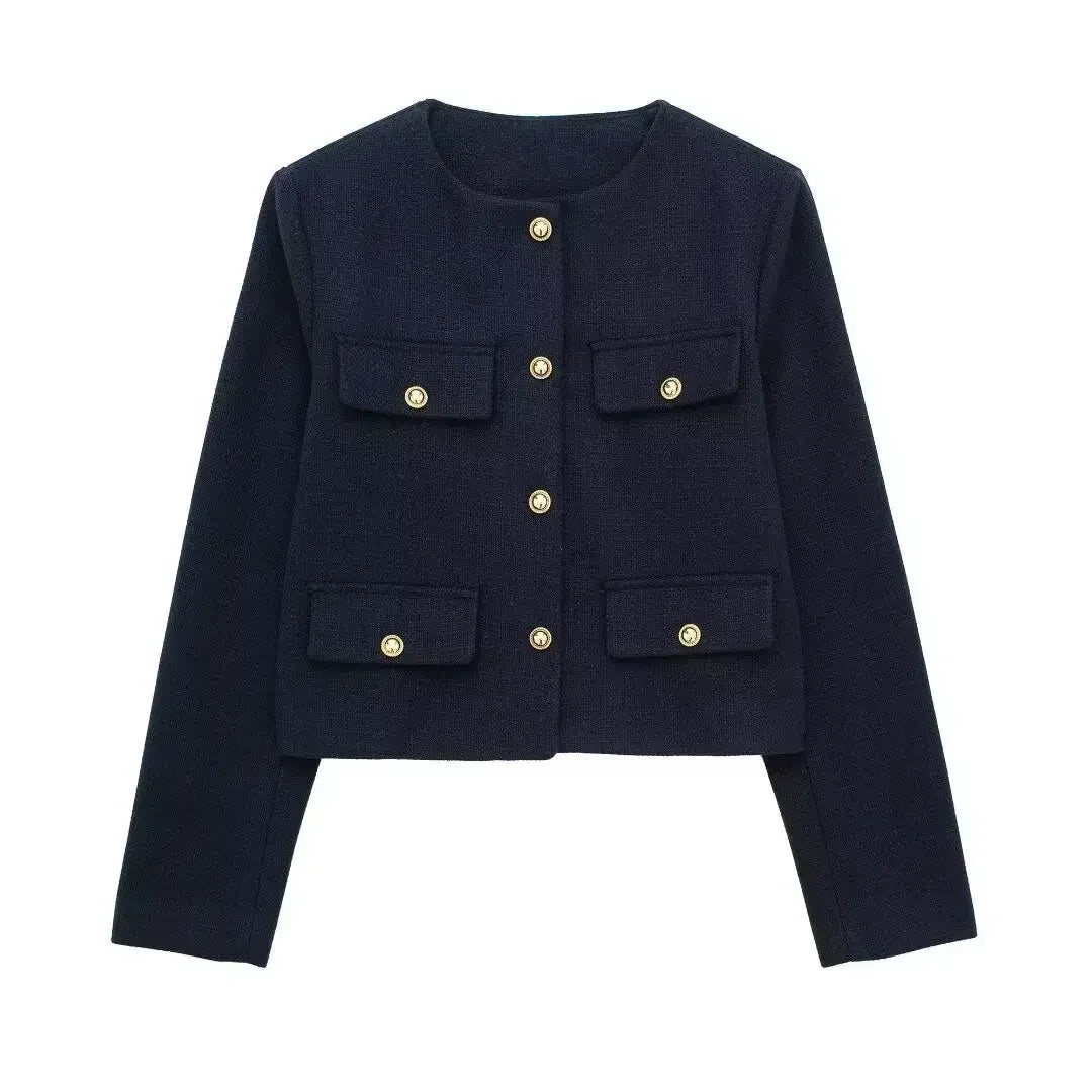 Elegant Solid Button Fake Pocket Jacket Women's Fashion O-neck Long Sleeve Single Breasted Cropped Coats New Lady Chic Outerwear
