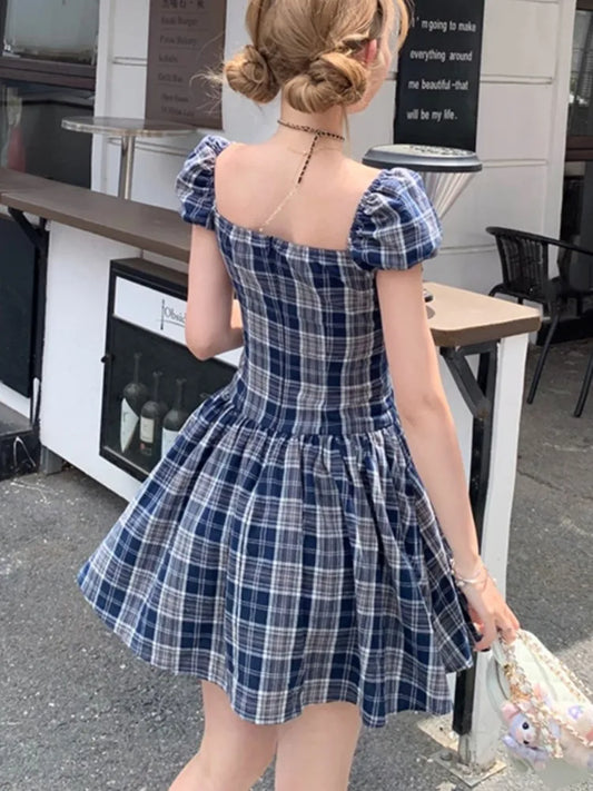 Y2K Plaid Short Dresses for Women Princess Birthday Party Dress Puff Sleeve Square Collar Bow Prom Summer Mini Vestidos Mujer