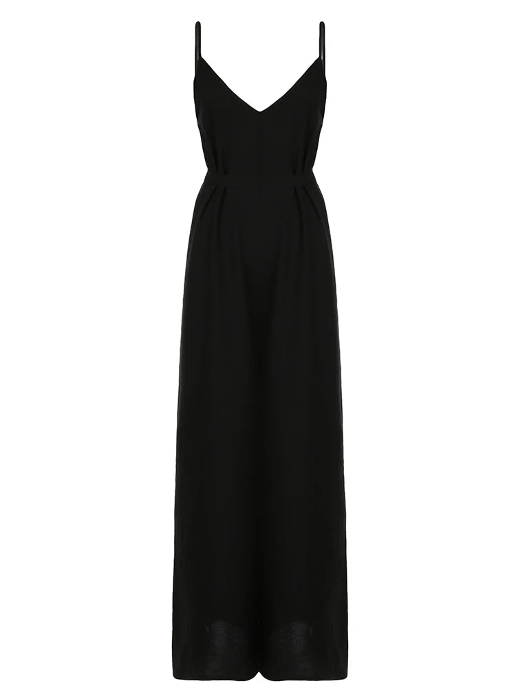 Sleeveless V Neck Loose Casual Black Boho Jumpsuits For Women Backless Vacation Wide Leg Rompers Womens Spaghetti Strap Overalls