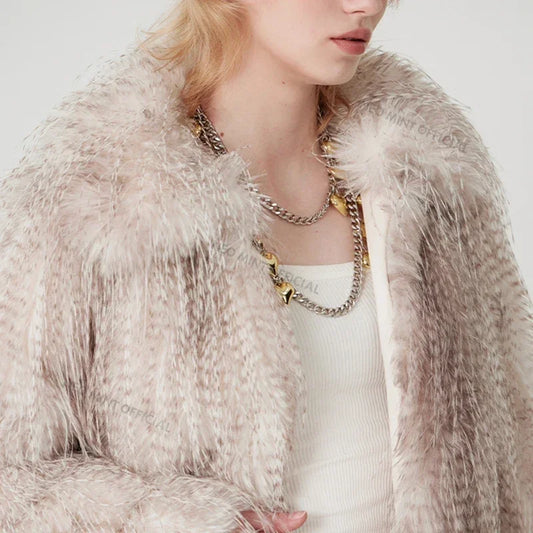 Exclusive Designer Winter Gradient Faux Peacock Fur Coat Women Furry Tassels Fur Jackets Chic Y3k Girls Outerwears