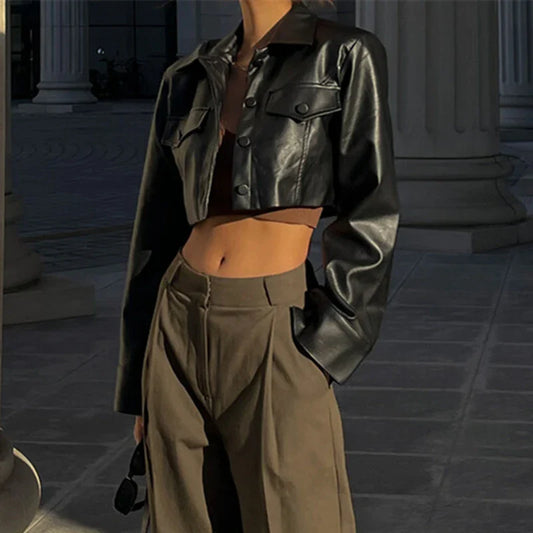 Button Detail Short Faux Leather Jacket