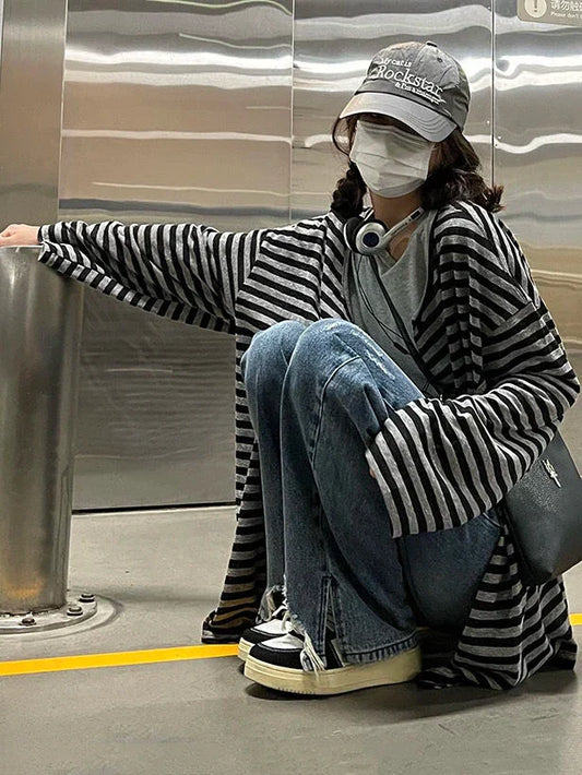 Voguable Harajuku Y2k Top Black Gray Striped Cardigan Loose Casual Long-Sleeved Top Woman Clothes Grunge Korean Fashion