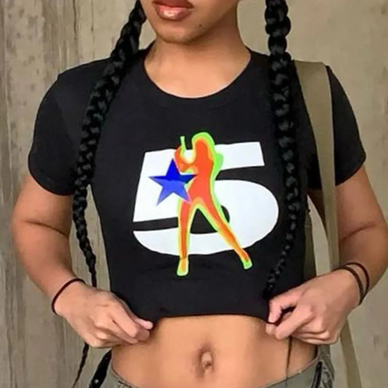 Y2K Summer Digital Printed Women’s Top Street Trend Slim Fit Open Navel T-shirt for Women