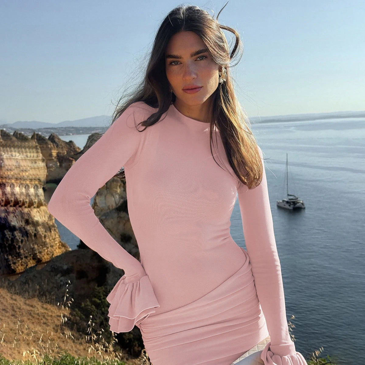 O Neck Long Flare Sleeve Bodycon Mini Dress Solid Ruched Elegant Evening Sweet Party Dresswholesale Korean Clothes