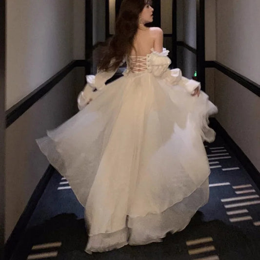 Elegant Evening Party Dresses Women Puff Sleeve Off Shoulder Lace-up Wedding Prom Robe Ball Gown A-line Y2K Midi Vestidos New