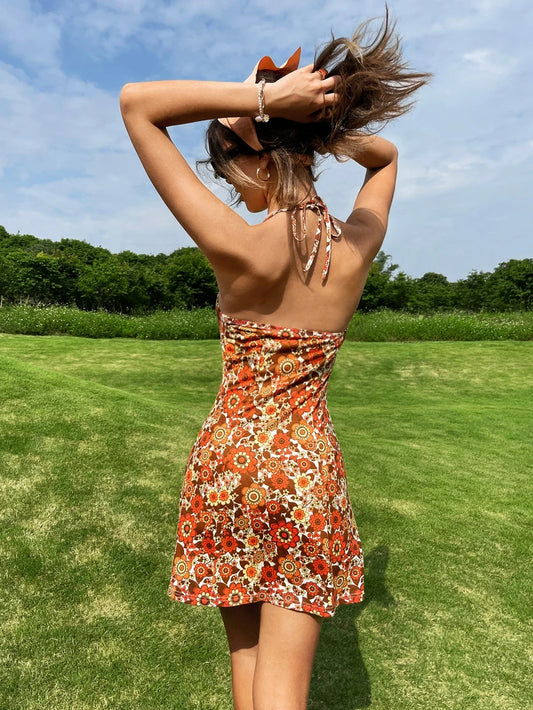 Floral Halter Holiday Gothic Mini Dress
