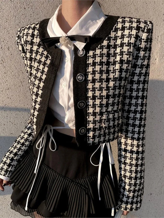 Elegant Cropped Jacket Women French Vintage Single Breasted Long Sleeve O-neck Top Autumn Y2k All-match Houndstooth Coats New