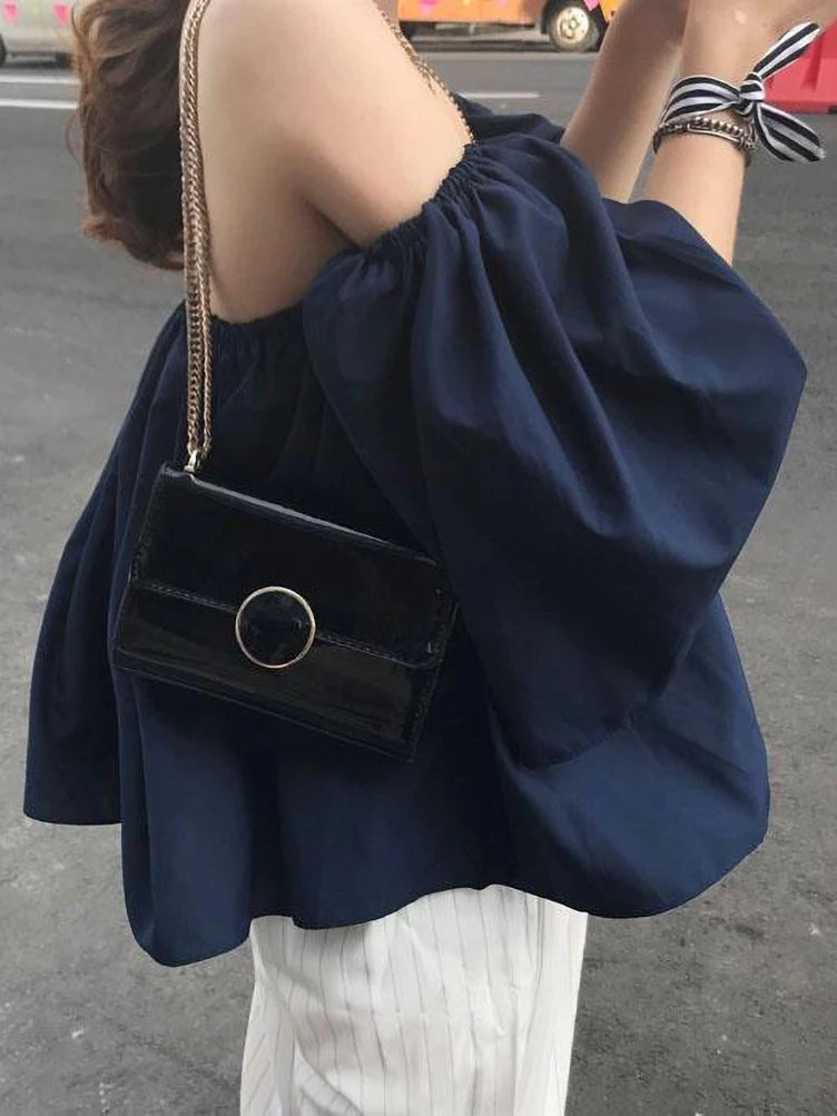 Holiday Beach Youth Off Shoulder Blouses Tops Korean Fashion Puff Sleeve Shirt Summer Elegant Tees Dongdaemun Backless New