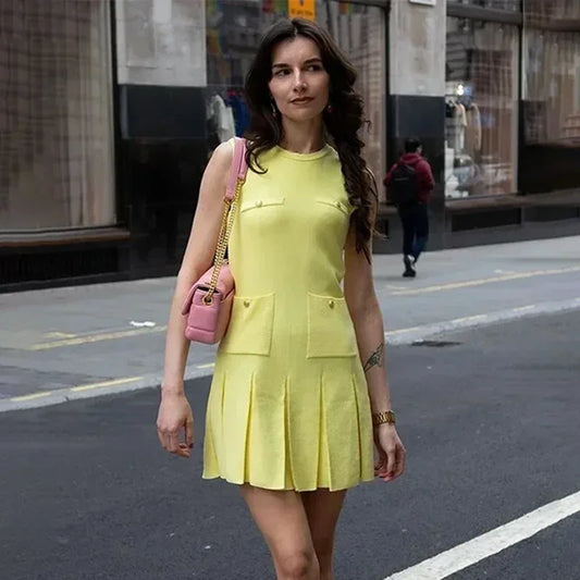 Fashion Folds Knitted Mini Dress For Women Elegant Sleeveless With Pocket Vest Dress High Waisted Clubs Party Summer