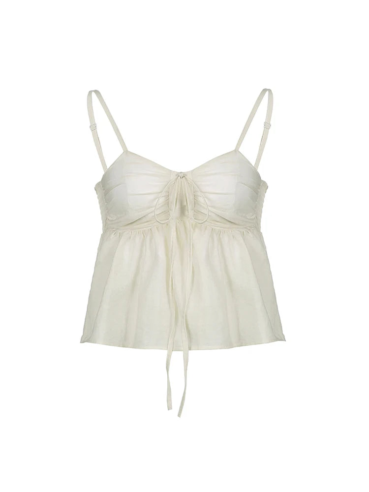 Fairycore Sweet Solid Shirring Camisole Women Summer Vacation Korean Clothing Crop Top