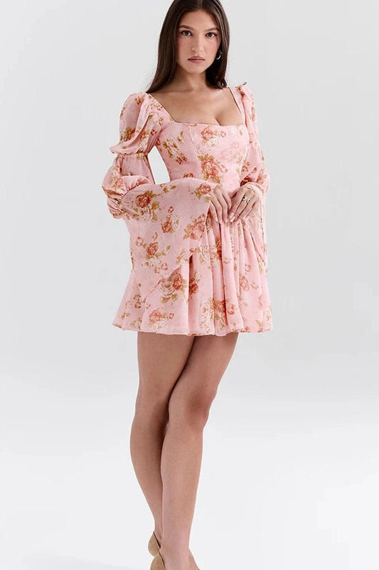 Printed Backless Mini Dress with Square Collar