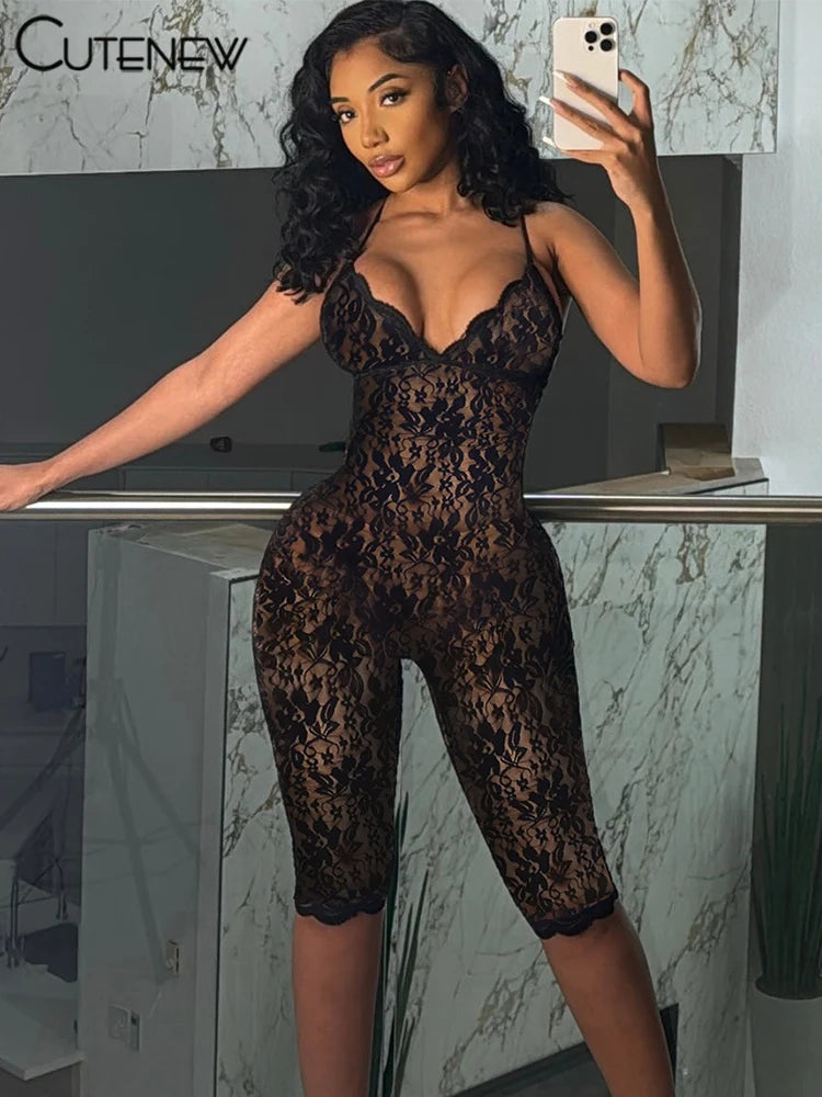 Lace Women Playsuits Solid Sexy Cross Spaghetti Strap Backless Low Neck Trim Sheer Slim Rompers Mujer Midnight One Piece