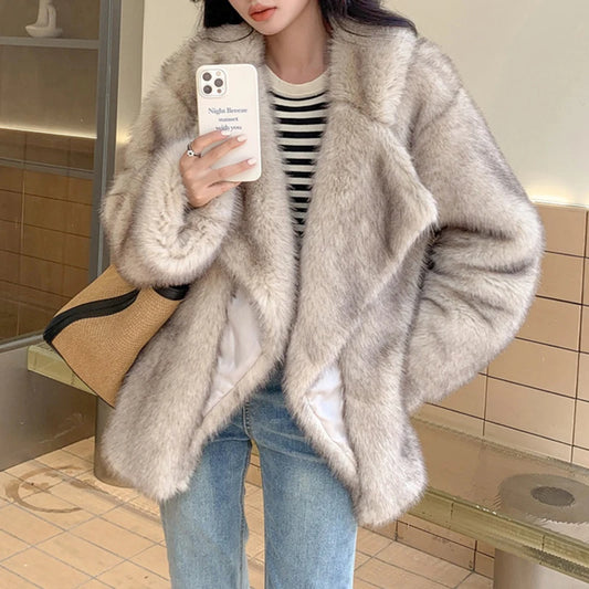 Luxury Brand Fashion Gradient Animal Color Faux Fur Coat Jacket Women Winter Loose Oversized Long Fluffy Overcoat Outerwear