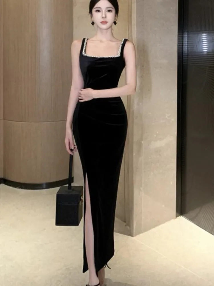 Elegant Bodycon Sleeveless Black Velvet Dresses for Women Diamonds High Slit Evening Party Dress Prom Robe One Piece Vestido New