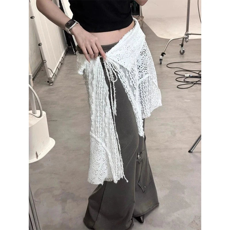 Y2K Irregular Mini Skirts Women Harajuku Aesthetic White Lace Tulle Bandage Skirt Japanese Vintage Hollow Out Faldas New