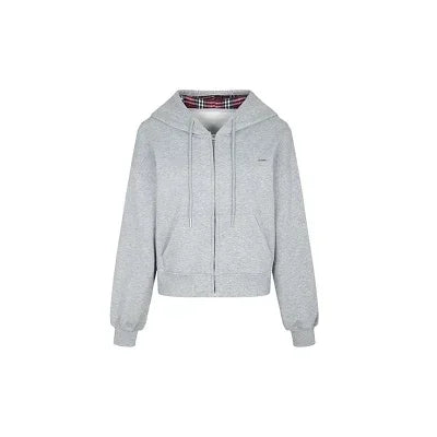 TAVIMART - Vintage Plaid Patchwork Hoodies Women Gray 90s Retro Sweatshirt with Zipper Oversized Streetwear Autumn Winter Clothes
