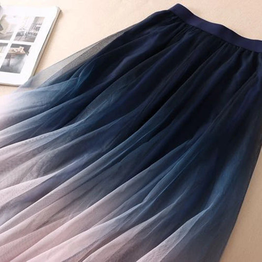 Gradient Tulle Midi Skirt Women Elegant Mesh Pleated Skirts Summer Korean Fashion High Waist Casual All Match A Line Skirt