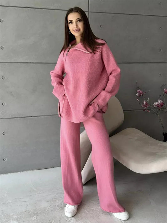 Knit Zipper Women’s Pants Sets For Women Slim Lapel Long Sleeve Pullover And Patchwork Straight Legg 2 Piece-Set Winter