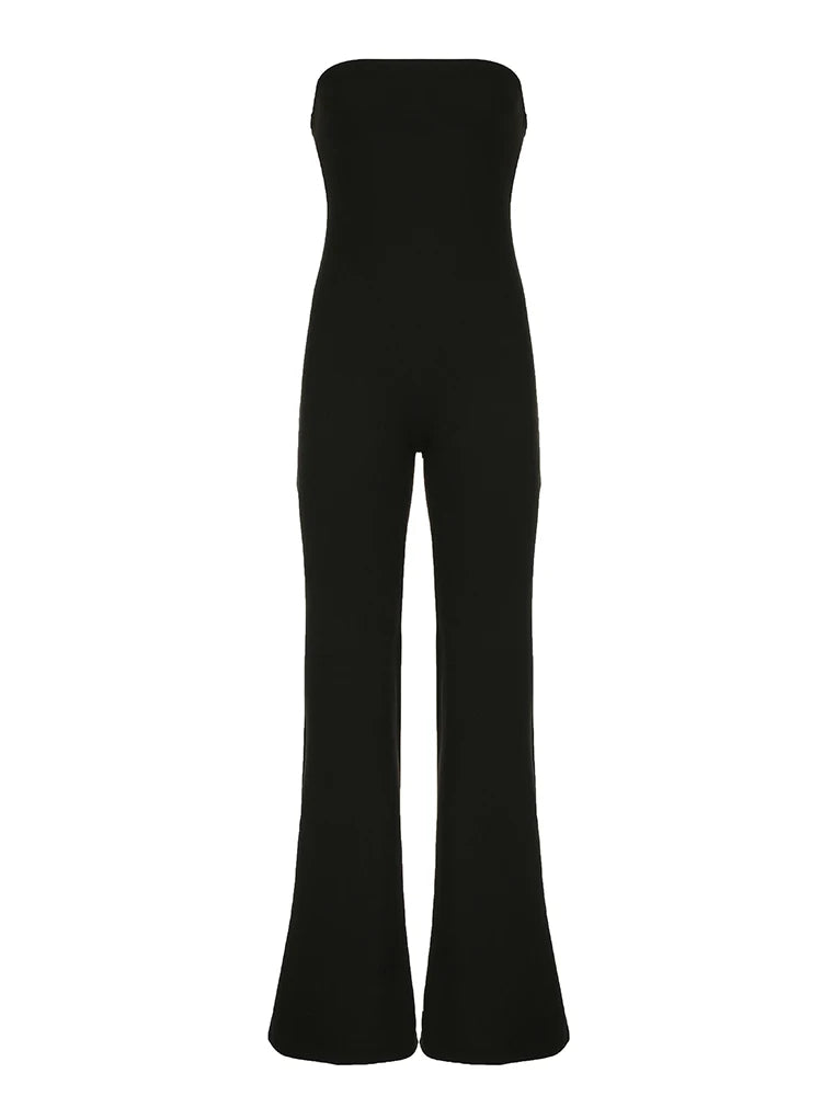 Black Solid Strapless Elegant Long Jumpsuits For Women Slim Wide Leg Flared Rompers Simple Fashion Vacation Overalls