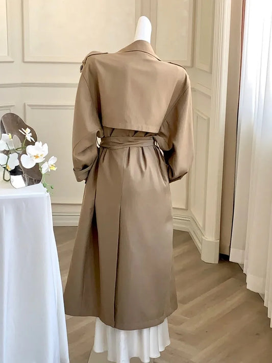 Autumn British Style Long Trench Women Lapel Double Breasted Coat with Belt Korean Fashion Windbreaker Outerwear Casual Jackets