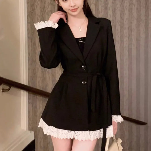 Elegant Black Suit Dress Women Lace Patchwork Blazer Dress Turn-down Collar Slim Korean Fashion Y2K Autumn New Mini Vestidos