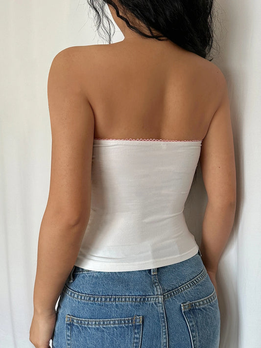 Sweet Y2K Contrast Lace Strapless White Tube Top Women 2000s Cute Kawaii Cropped Vest