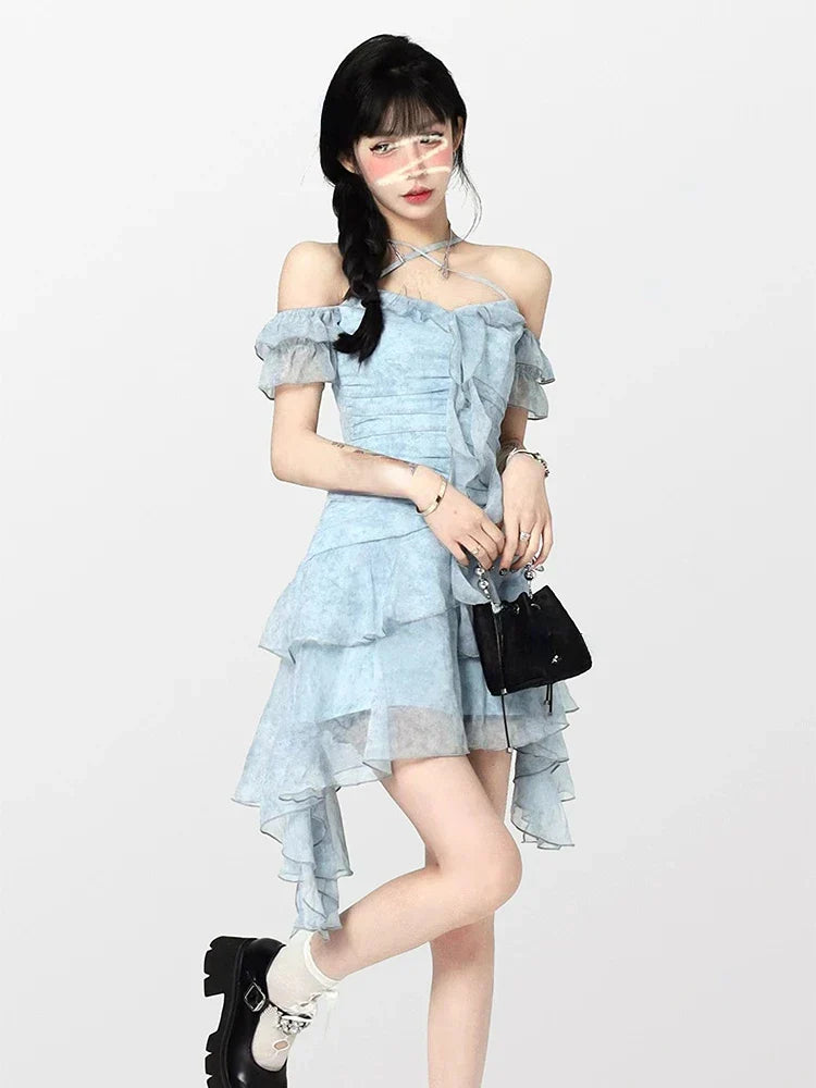 Voguable Beach Style Flroal Y2k Mini Dress Woman Chiffon Elegant Y2k Mini Dress Korean Short Party Dress Office Lady