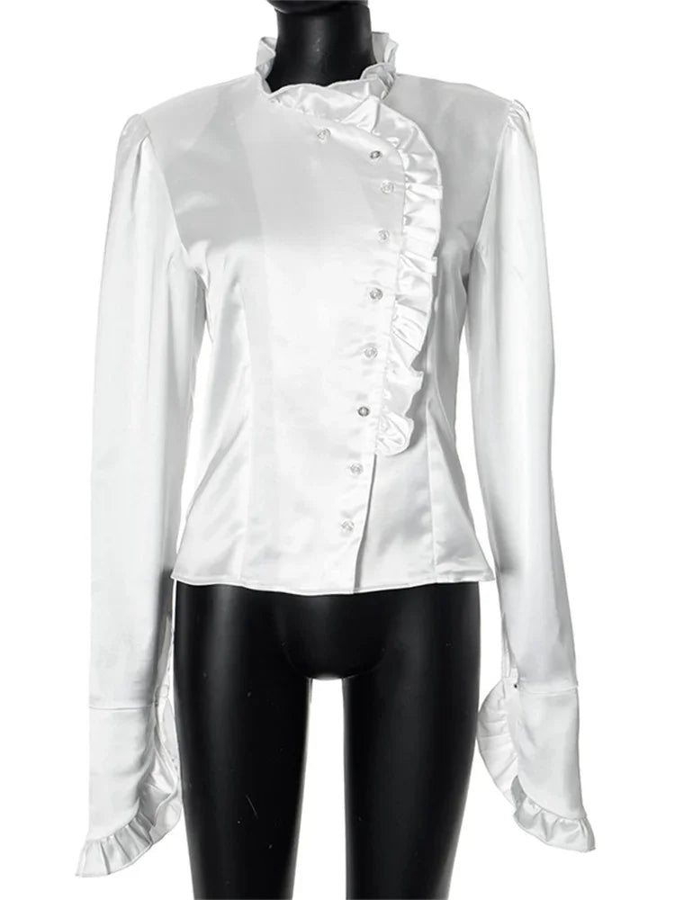 TAIVIMART - White Ruffled Vintage Shirts For Women Patchwork V-Neck Long Sleeve Autumn Elegant Streetwear Female Cardigan Blouses