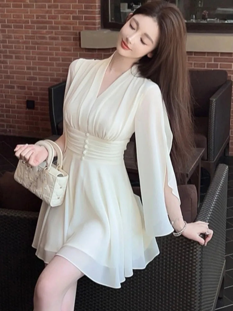 Elegant Solid Chiffon Short Dresses for Women V-neck Long Sleeve High Waist Ruffles A-line Korean Fashion One Piece Vestido New
