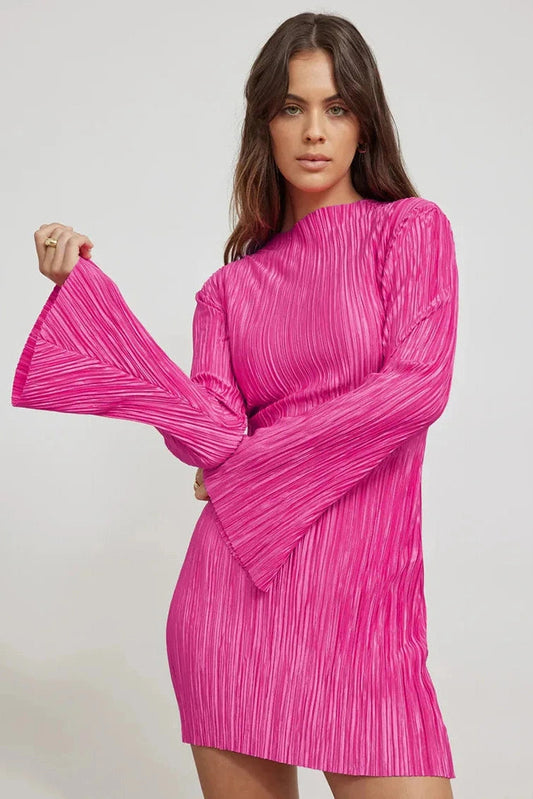 Elegant Pleated Mini Dress with Long Sleeves