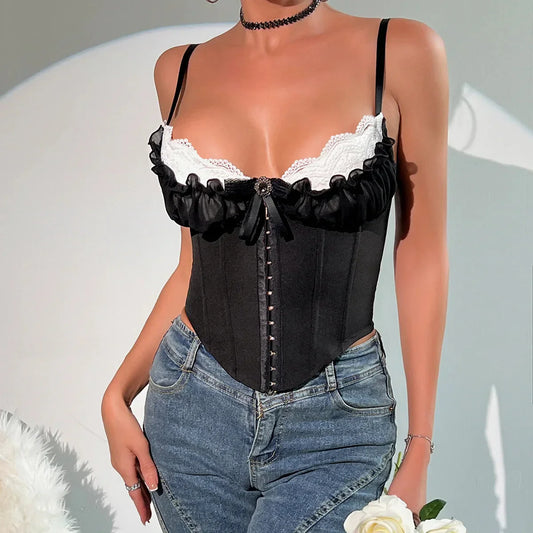 V Neck Y2K Crop Tops Lace Patchwork Pleated Bowknot Corset Top Backless Slim Camisole Body Shape Fishbone Bustier