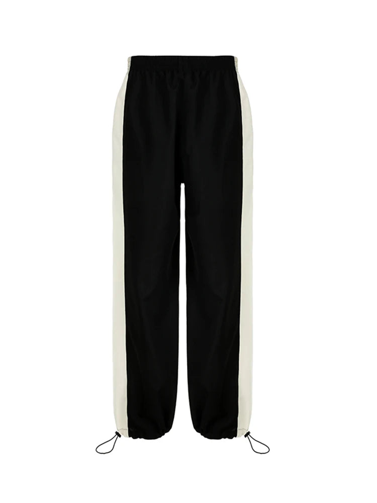 Contrast Patchwork Track Pants Women Elastic High Waist Casual Loose Hippie Baggy Trousers Woven Jogging Sweatpants