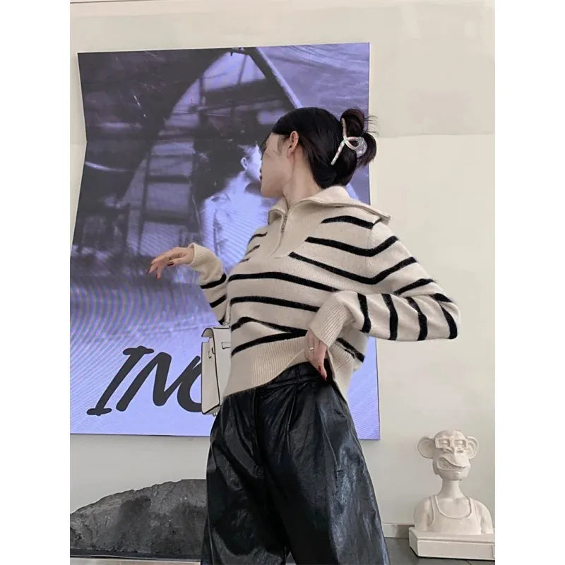 Women’s Striped Sweater Zip Thick Fall Loose Turtleneck Knit Jumper Turn-down Collar Casual Oversize Fashion Women Sweaters