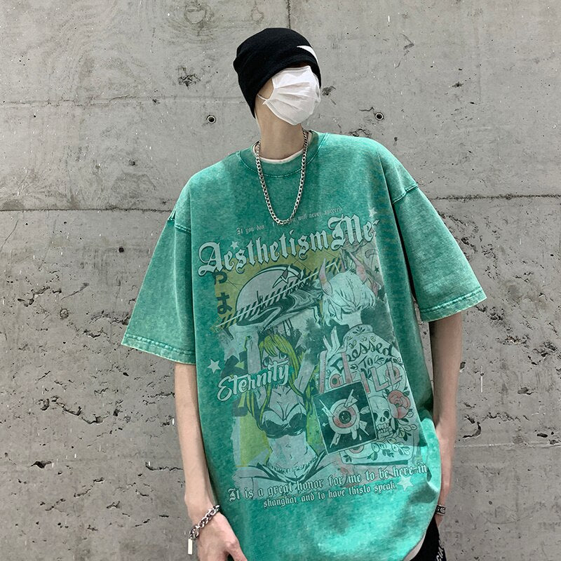 High Street American Short Sleeve T-shirt Graffiti Loose Washed Trend Y2k Casual Top Tshirt Streetwear Cotton Tees