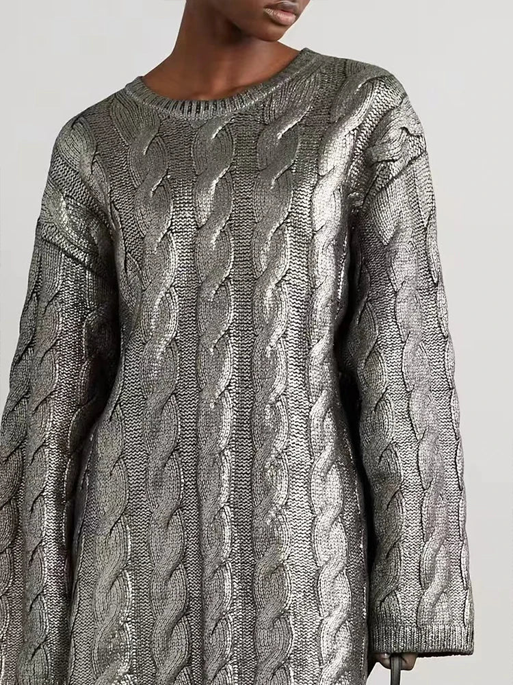 Vintage Knitted O-neck Sweater Women Casual Loose Sliver Long Sleeve Pullover Sweaters Female Winter Chic High Street Knitwear