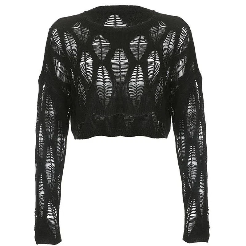 Hole Hollow Out Y2K T-shirts Batwing Sleeve Knitted Shirt For Loose Streetwear Tops
