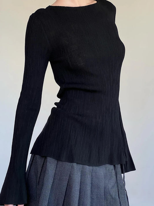 Black Solid Slim Flared Sleeve Elegant T Shirt Women Simple Basic Fashion Spring Autumn Knitted Top Tees