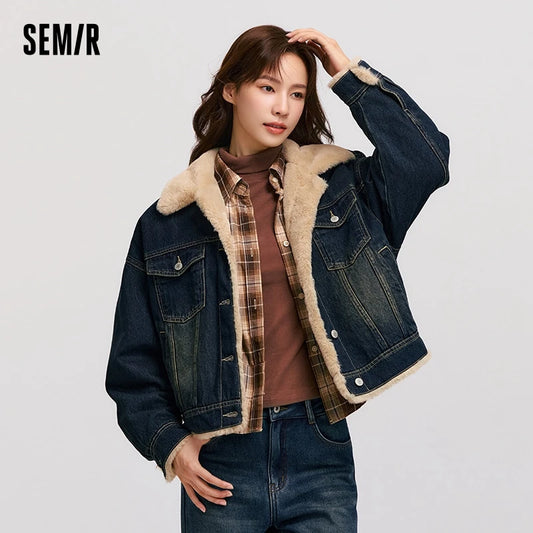 Denim Jacket Women Patchwork Imitation Rabbit Fur Lapel Loose New Winter Quilted Jacket