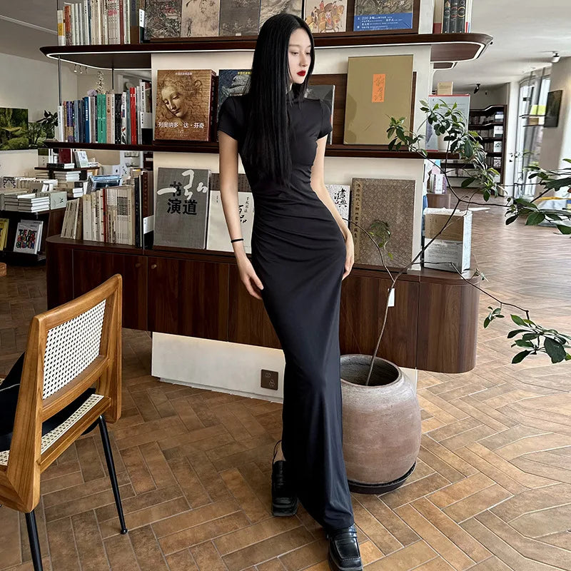 Solid Button Hollow Out Slit Bodycon Short Sleeve Women’S Dresses Long Streetwear Casual Outfit Summer Fashion