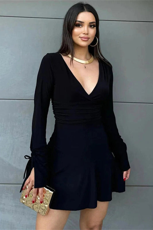 V-Neck High Waist Long Sleeve Mini Dress with Lace-Up Detail
