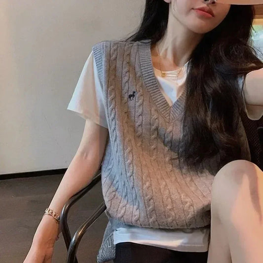 Sweater Cardigan Sleeveless Women Top Solid Sweater Knitted Vest Commuter Style Clothes Preppy Look Autumn Winter Woolly